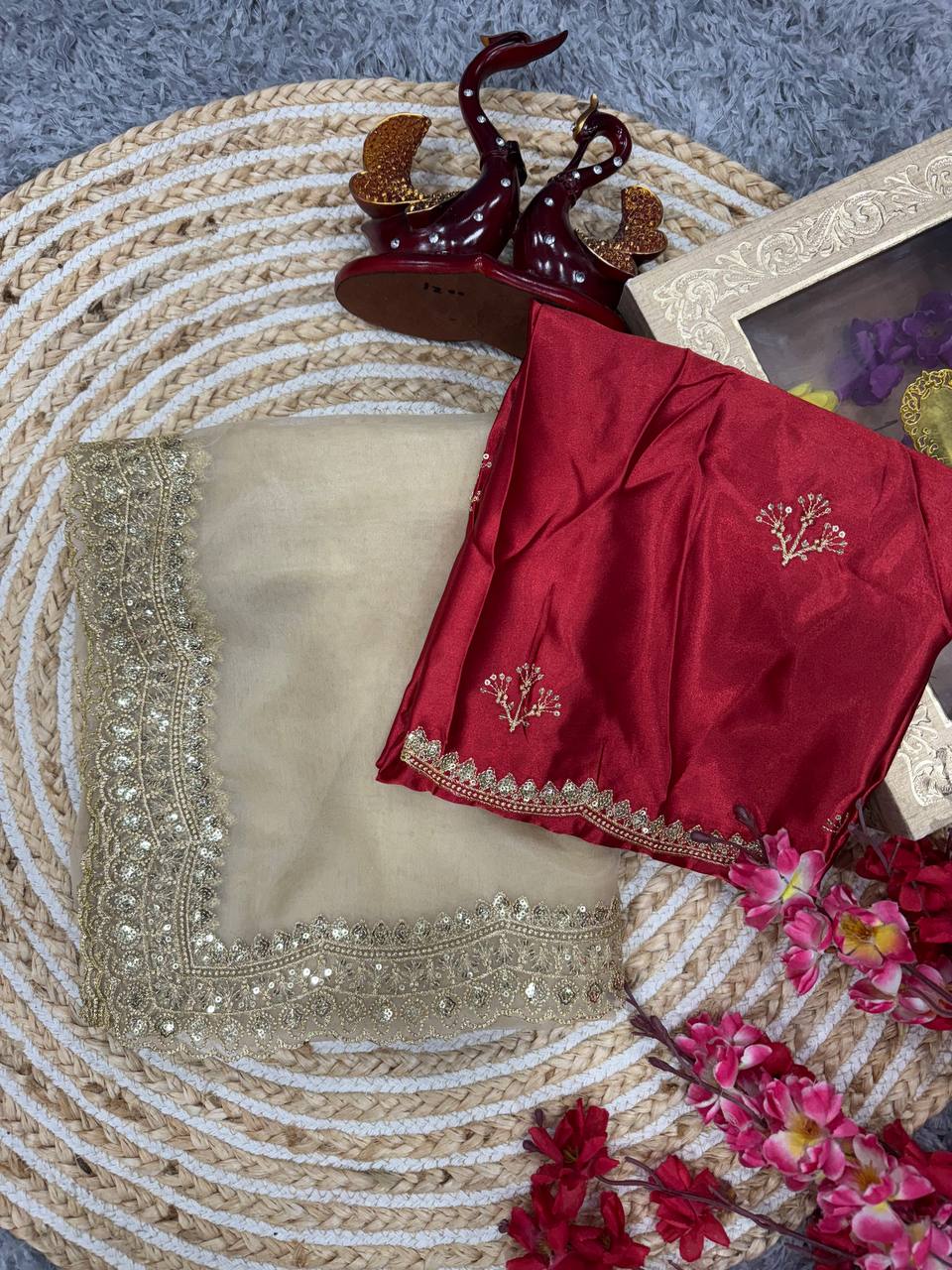 Luxurious Ivory Organza Dupatta with Heavy Golden Sequin & Zari Cutwork Border – Perfect for Weddings & Festive Layering - Image 4